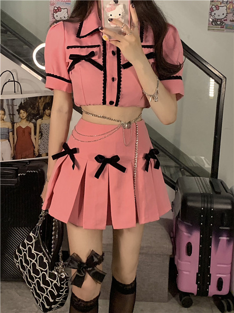

Two Piece Dress Sexy JK Pink Pleated Skirt Mini Bow Contrast Lapel Puff Short Sleeve Pink Shirts Women Summer Crop Tops 2piece Sets 230316, Lavender