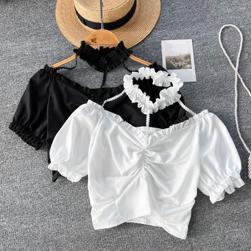 

Women's Blouses Summer Design Sense Niche Short-sleeved Waist Thin Wooden Ears Short Section Chic Hanging Neck Blouse, Black
