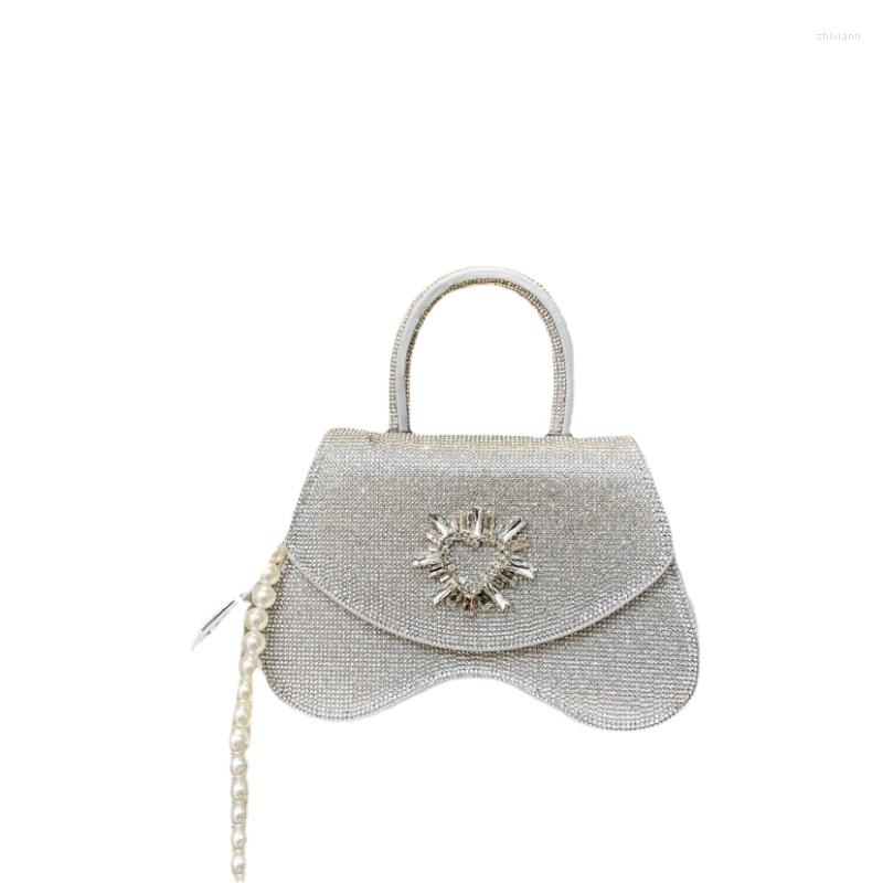 

Evening Bags 2023 Luxury Full Diamond DinnerBag Women's One Shoulder Crossbody Crystal Bag Premium Pearl Chain Women'sBag Handbag, Silver
