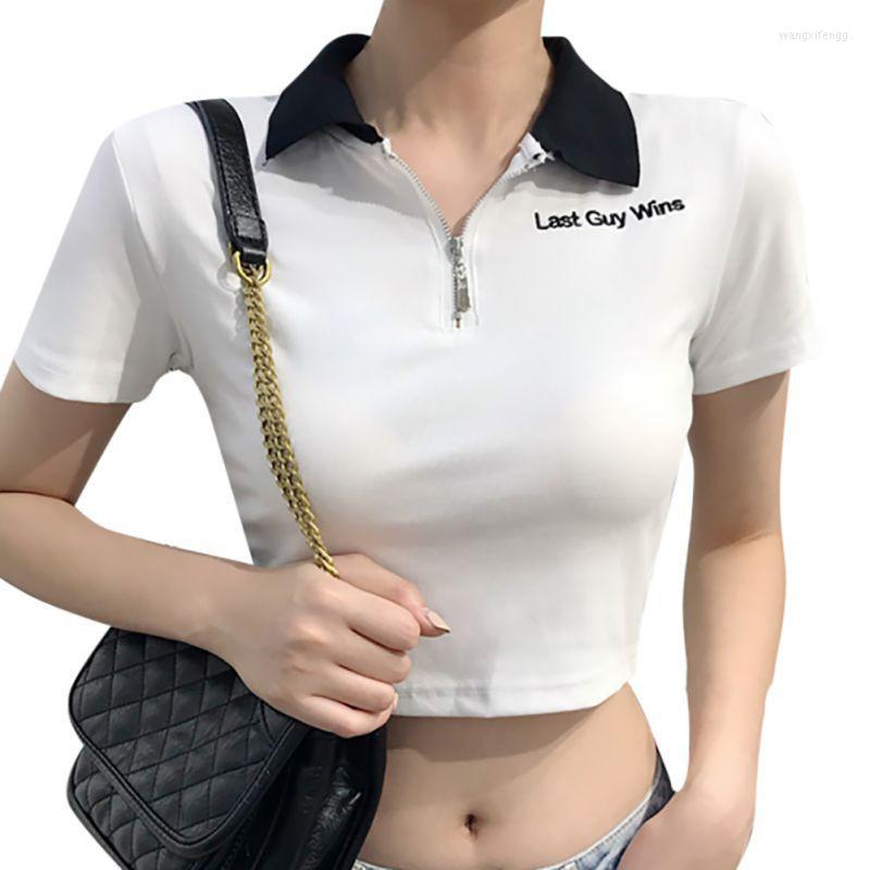 

Women's T Shirts Women Sexy Short T-shirts Casual Letter Zipper Summer Wild Sleeve Lapel Tee Tops Crop