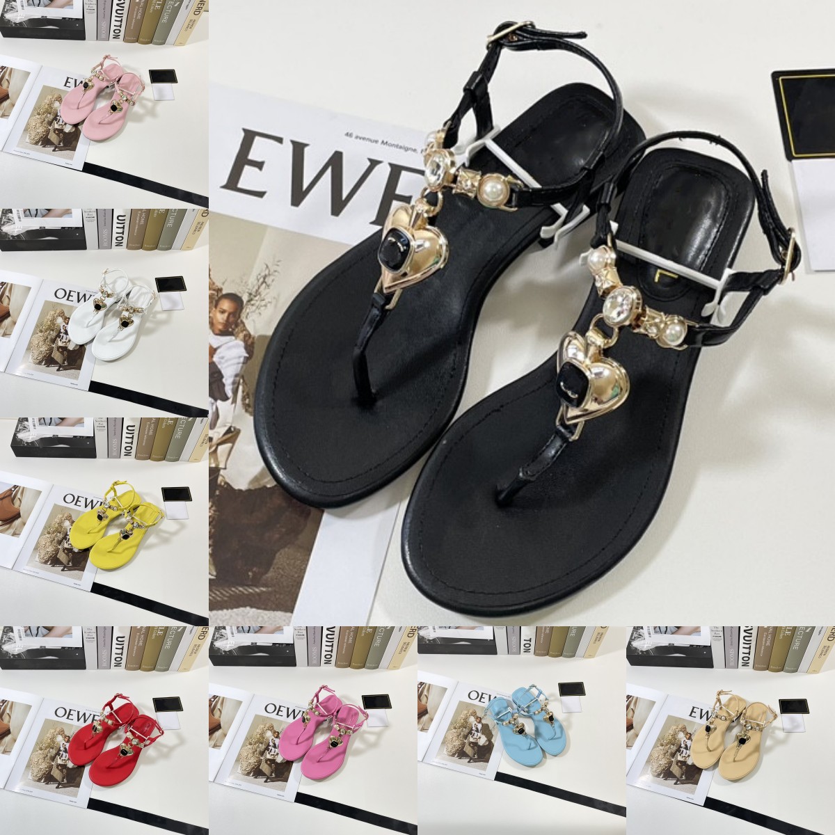 

2023 Leather thong sandal Slippers interlocking letters C slides diamond pearl buckle sandals women waterfront slip on mule summer beach shoes T strap slingbacks, Chlx3097