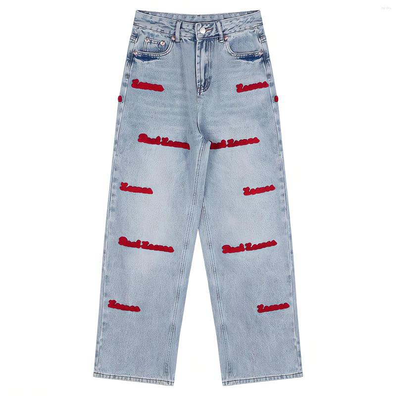 

Men's Jeans Embroidery Letter Designer Straight For Men Black Pants Fashion Korean Streetwear Vintage Baggy Wide Leg Denim Trousers