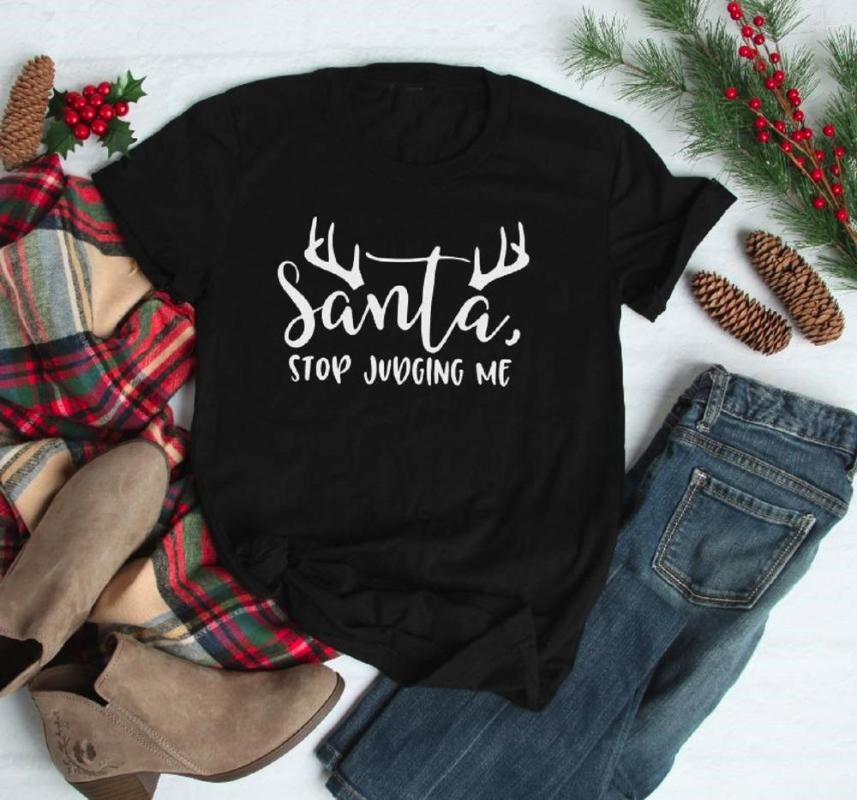 

Women's T Shirts Women Tee Party Tumblr Aesthetic T-shirt Goth Top Santa Stop Judging Me Funny Merry Christmas Shirt Deer Graphic, White