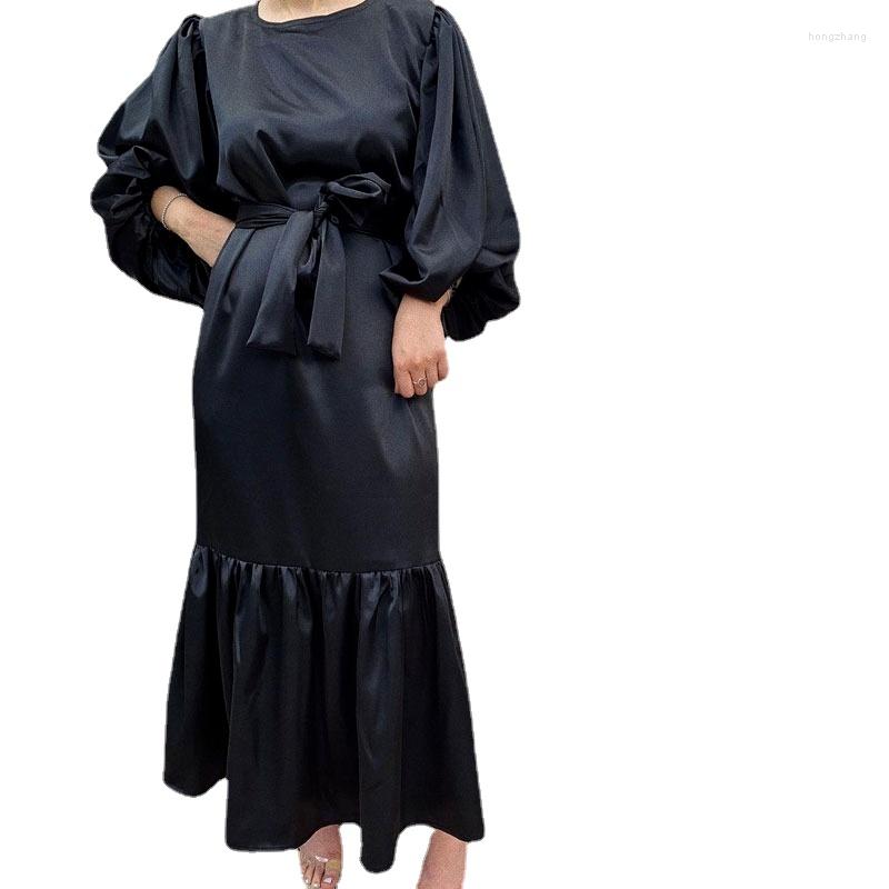 

Ethnic Clothing Plain Satin Abaya Long Dress Women Puff Sleeve Elegant Muslim Hijab Robe African Dresses Islam Dubai Turkey Modesty Summer