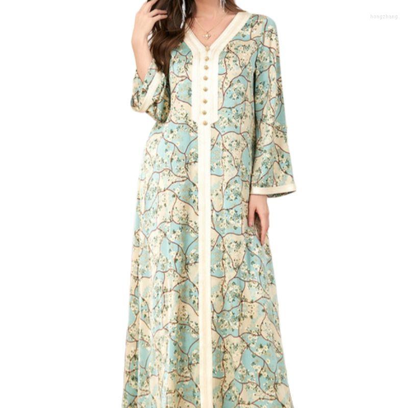 

Ethnic Clothing Abayas For Women Dubai 2023 Latest Elegant Plants Flowers Print Dress V-Neck Tape Trim Button Long Sleeve Robe Musulmane