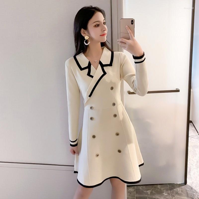 

Casual Dresses A-line Mini Button Korean Skinny Suit Collar Long Sleeve Women Elegant Knitting Summer Vestido