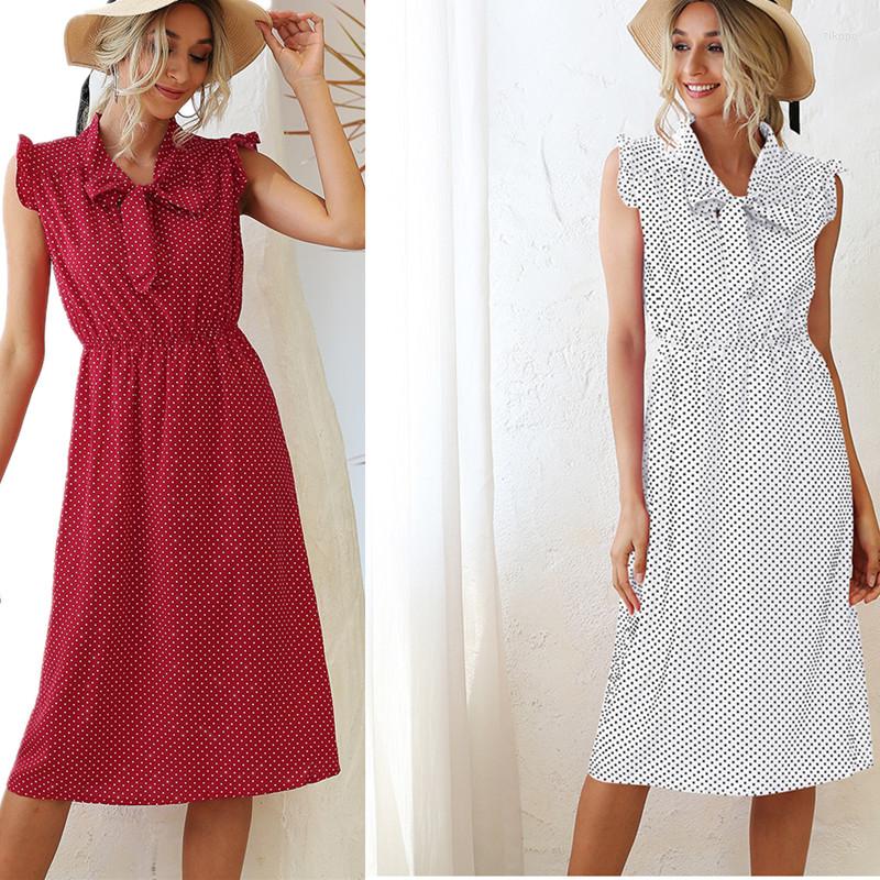 

Casual Dresses Red Dot Print Dress Summer Women Bow Ruffled MIDI Wave Point Corset Une Robe Women' Korean Office, 1570red