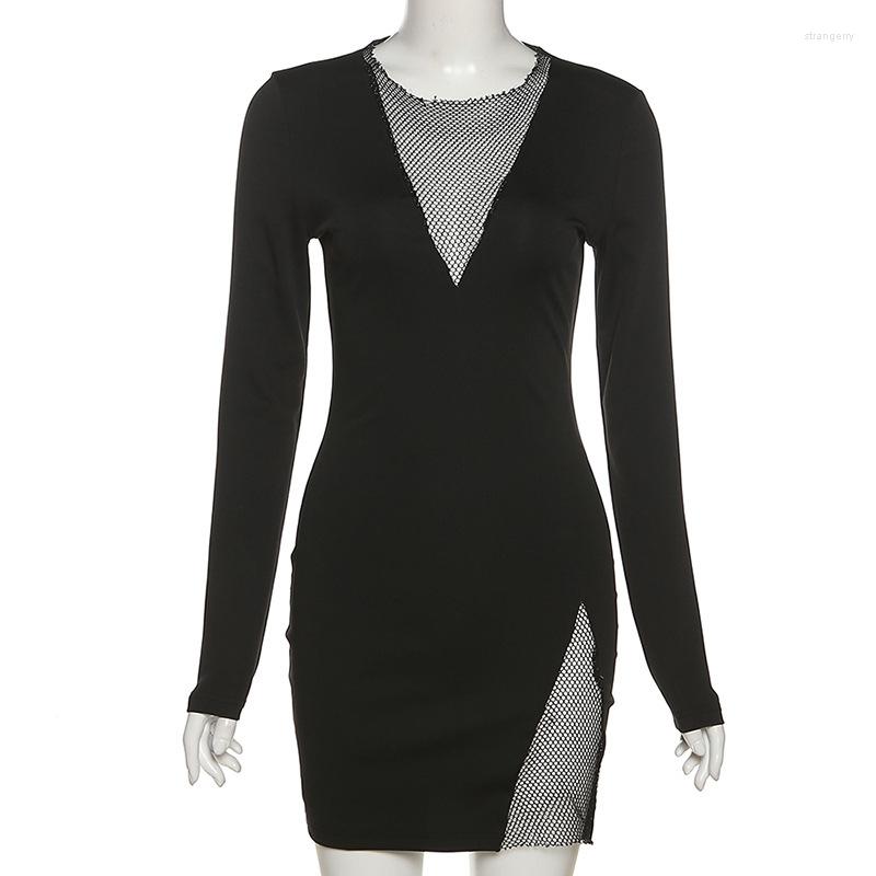

Casual Dresses Winter Women' Fashion Long-sleeved Sexy Hollow Out Stitching Slim Bag Hip Dress, Black