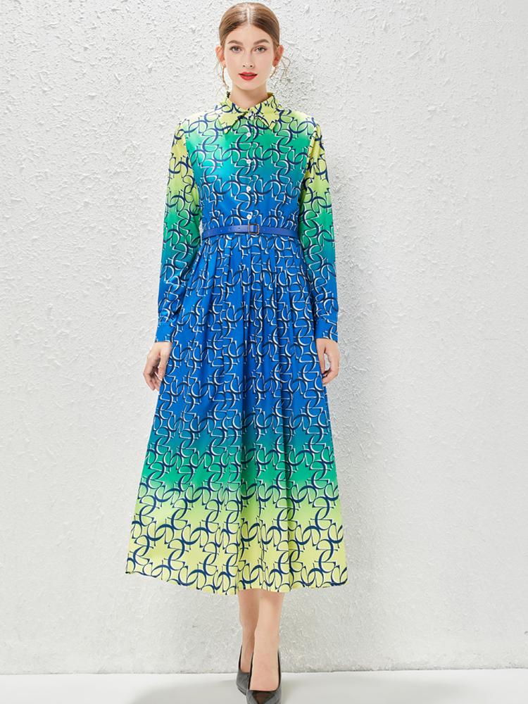 

Casual Dresses Spring Gradient Color Print Runway Long For Women 2023 Elegant Designer Full Sleeve Shirt Holiday Vestidos, As pictures