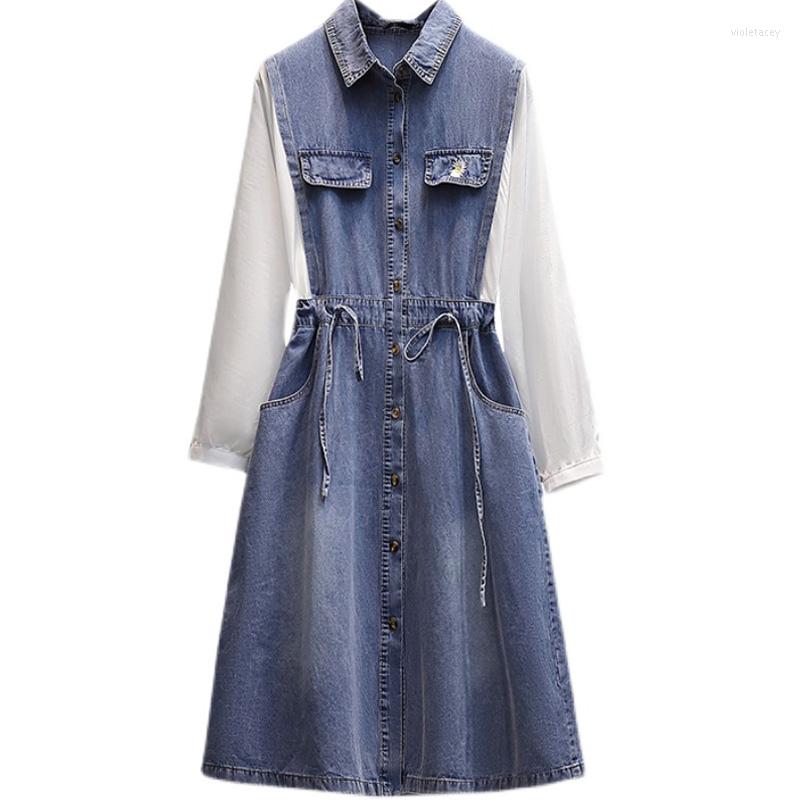 

Plus Size Dresses Spring Autumn Women Clothing Elegant Denim Dress Turndown Collar Long Sleeve Midi Large Bandage Party Vestidos, Blue