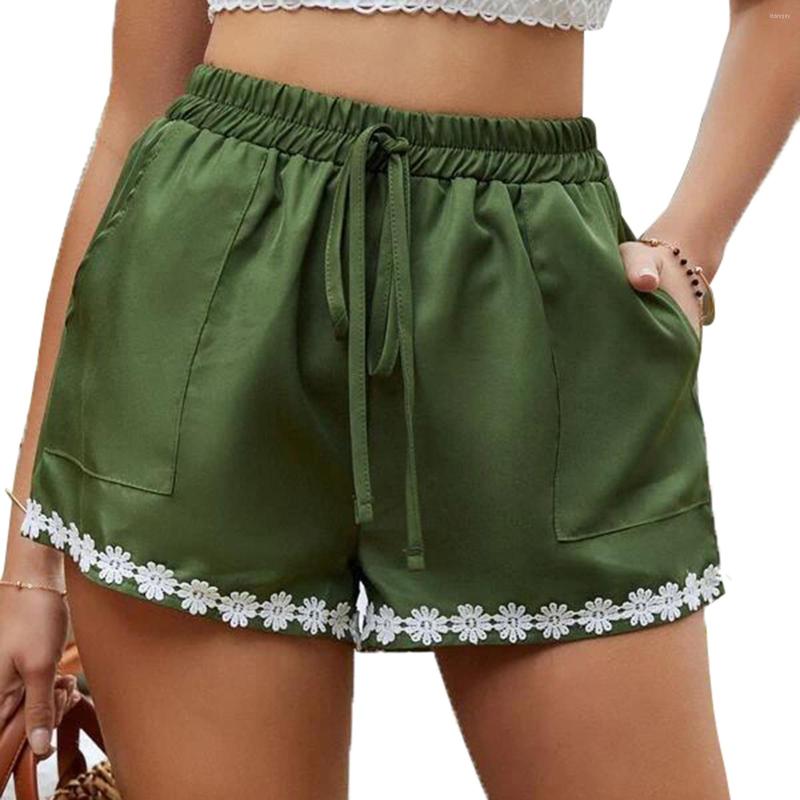 

Women' Shorts Womens Casual Lace Trim Mid Waist Drawstring Short Pants With Pockets For Vacation Beach, Green