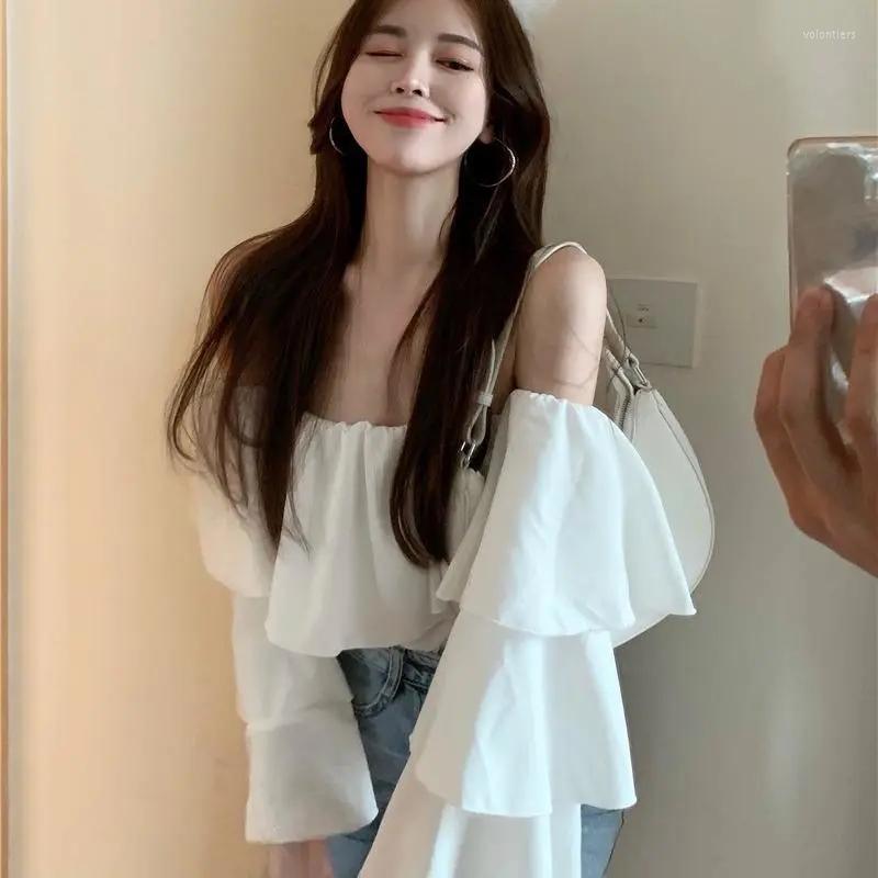 

Women's T Shirts Spring/Summer 2023Womens Off Shoulder Top Long Sleeve Vintage Sweet With Lotus Leaf SleevesChiffon Fashion Ladies WhiteTops, White
