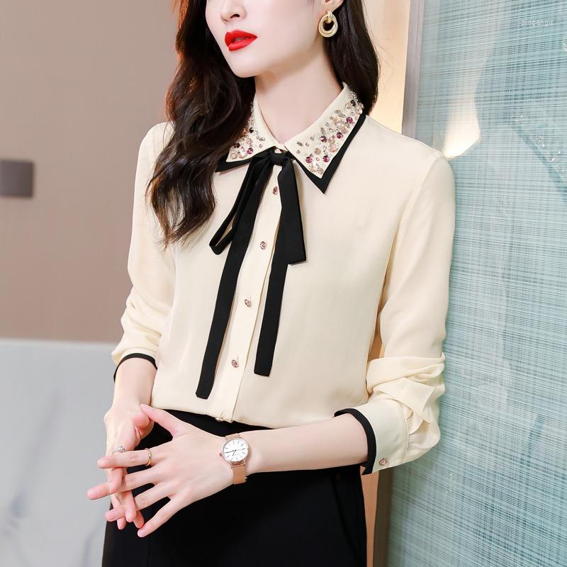 

Women' Blouses Menahem 2023 Summer Long Sleeve Crepe De Chine Silk Bow Shirts Elegant Diamonds Colorful Buttons Shirt Tops Office Lady, Beige
