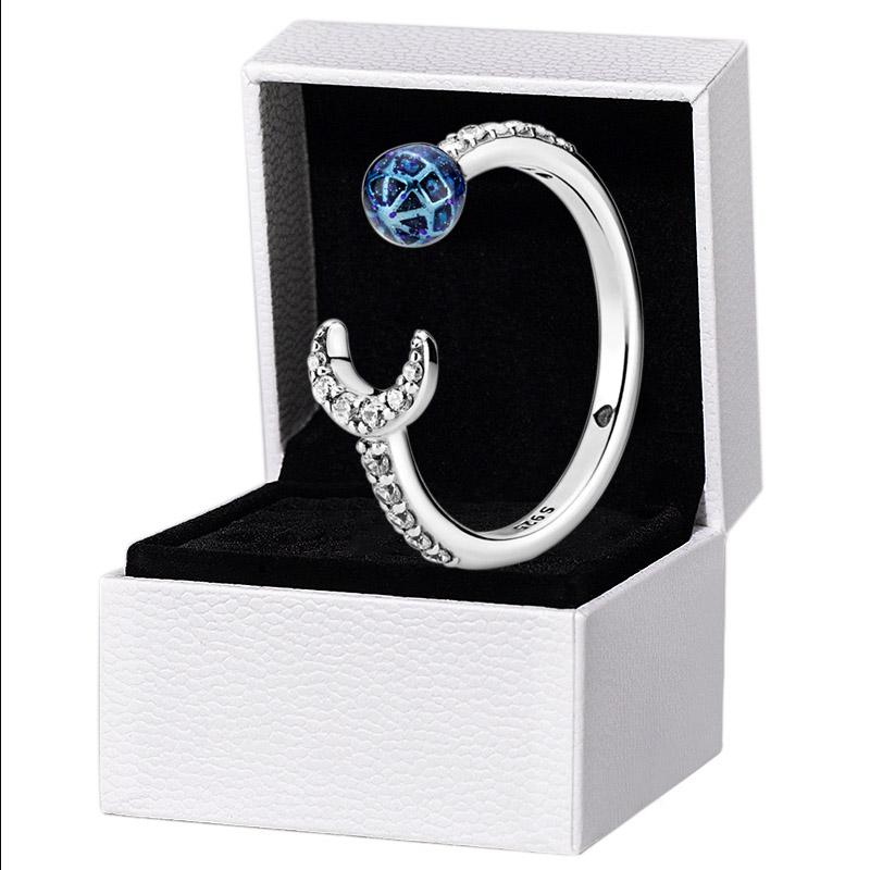 

Blue Earth and Moon Open Rings for Pandora Real Sterling Silver Fashion Party Jewelry For Women Girlfriend Gift CZ Diamond designer Ring Set with Original Box