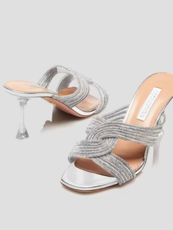 

22s Top quality women sandal slipper slide heels Gatsbi 75mm crystal-embellished metallic leather mules Crystal Swirls luxury designer shoes 35-42 sliver