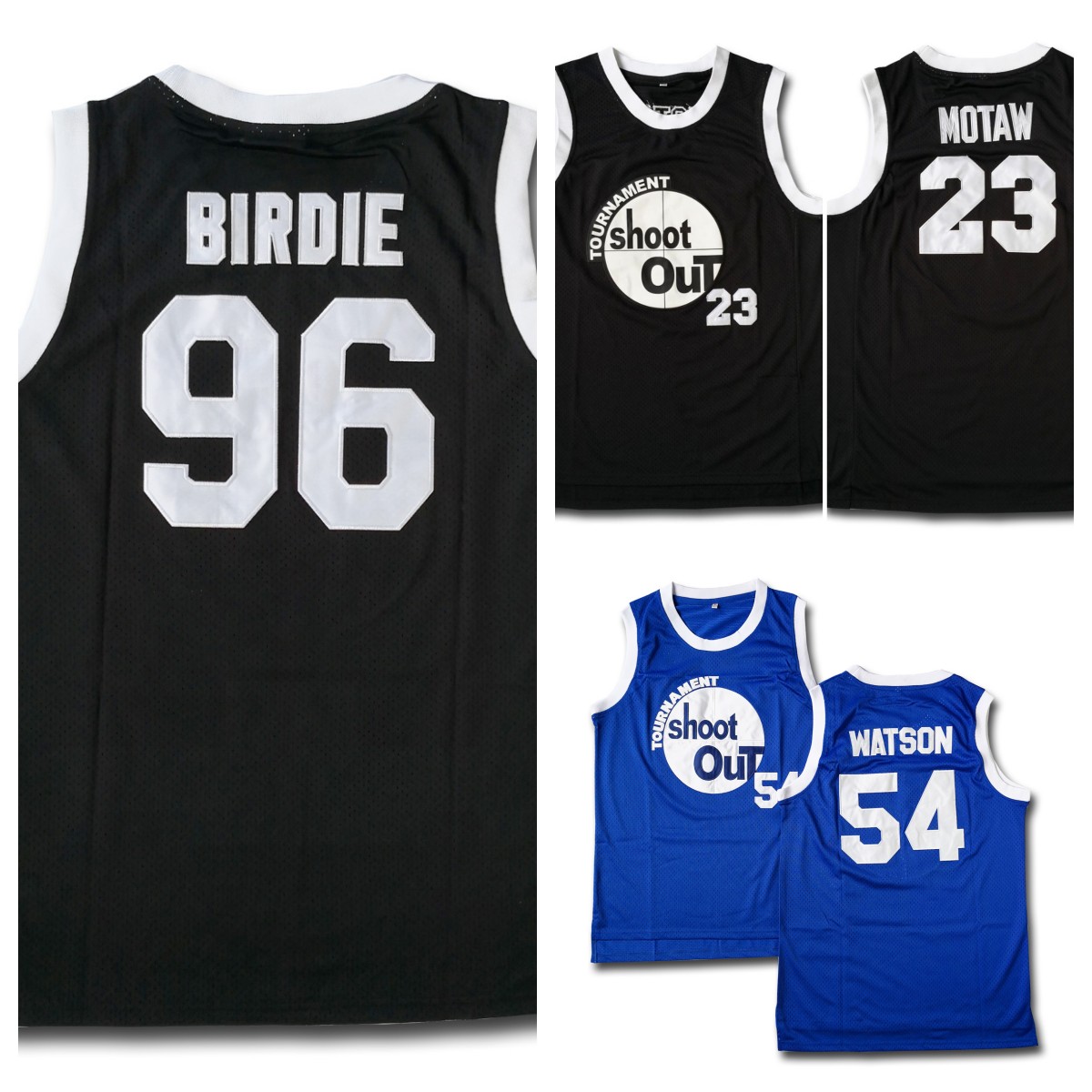 

Custom Moive Cosplay Tournament Shoot Out 23 Motaw Wood Jersey 54 Kyle Watson Duane 96 Birdie Tupac Basketball Embroidered Shirtany size name number team S-5XL youth, #23 colour blue