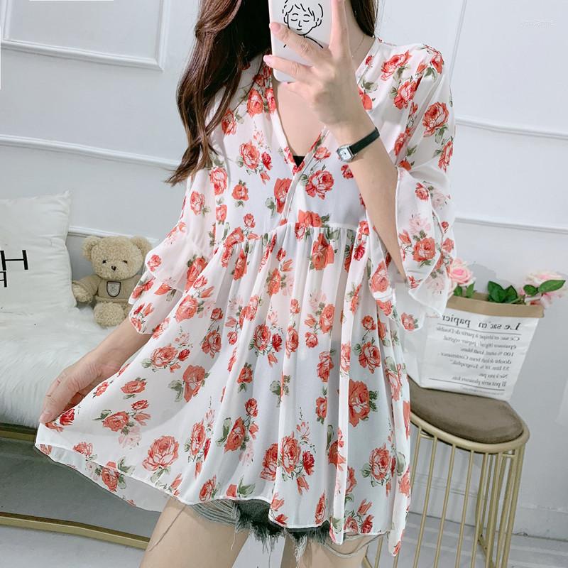 

Women's Blouses Two Piece Set Summer Floral Print Blouse Women Casual Loose V-Neck Chiffon Lady Flare Sleeve Midi Long Shirt Blusas Tops, Black