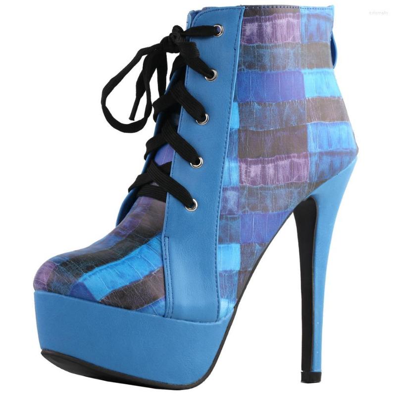 

Dress Shoes LF80893 SHOW STORY Retro Lace-Up Check Print Platform Stiletto High Heels Ankle Boots, Blue