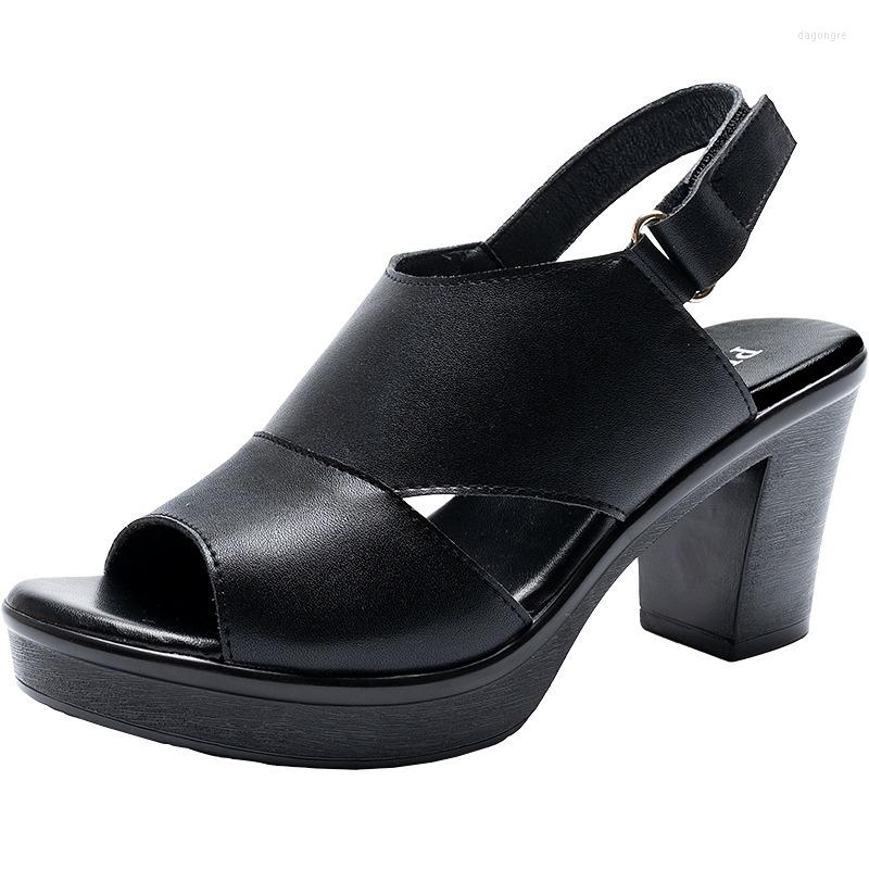 

Dress Shoes Women's Sandals Genuine Leather Platform 2023 Summer Footwear Thick Sole Black Elegant Medium Heel Ladies Pumps