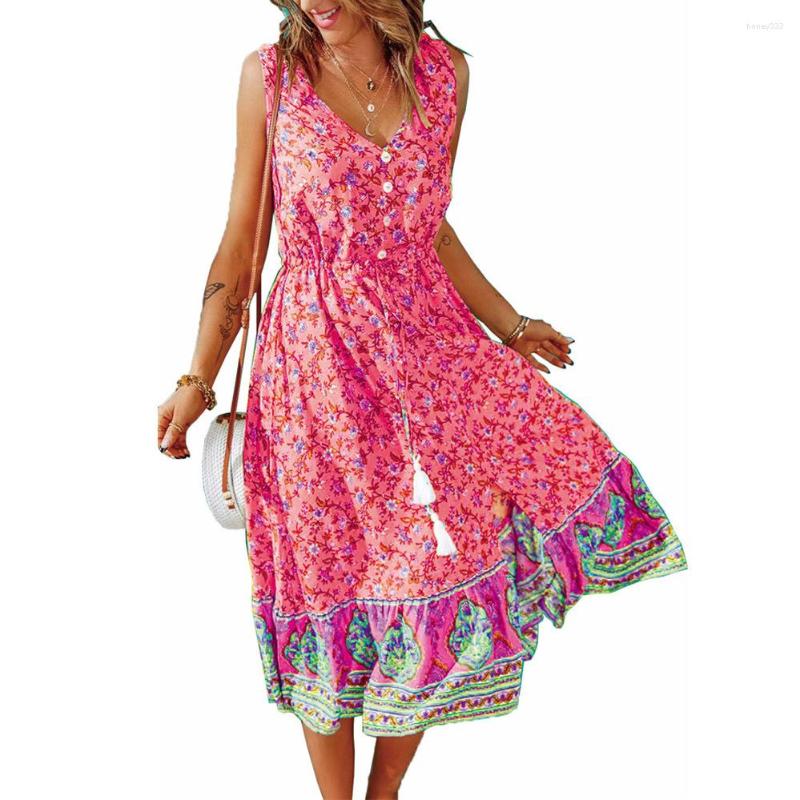 

Casual Dresses 2023 Summer Dress Ladies Fashion V-neck Button Sleeveless Floral Print Maxi Women' High Waist Lace-Up Long, Yellow