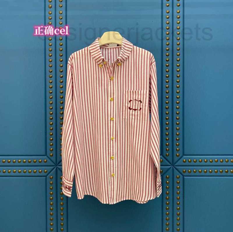 

Women' Blouses & Shirts designer Pink Vertical Stripe Long Sleeve Spring/Summer Embroidery Pocket Loose Fashion ZJ70, Pink2