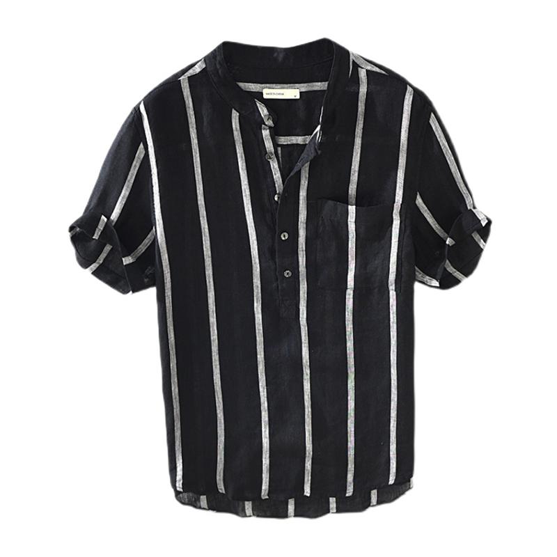 

Men's Casual Shirts Pure Linen Short Sleeve Shirt For Men Summer Japanese Fashion Tops Male Black Vintage Striped Pullover