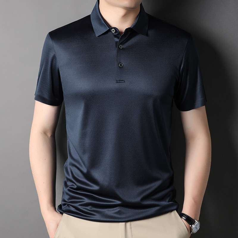 

Men's Polos Minglu Mulberry Silk Summer Mens Polo Shirts Luxury Short Sleeve Solid Color Thin Male Tops Business Casual Simple Man Tees 3XL 230316, Pine green