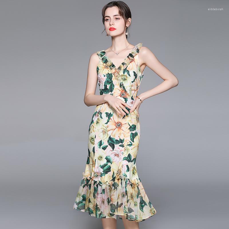 

Casual Dresses Menahem 2023 Summer Floral Holiday Dress Women Elegant Sleeveless V-Neck Ruffles Mermaid Sexy Beach Boho Slim Chiffon Midi, Picture color