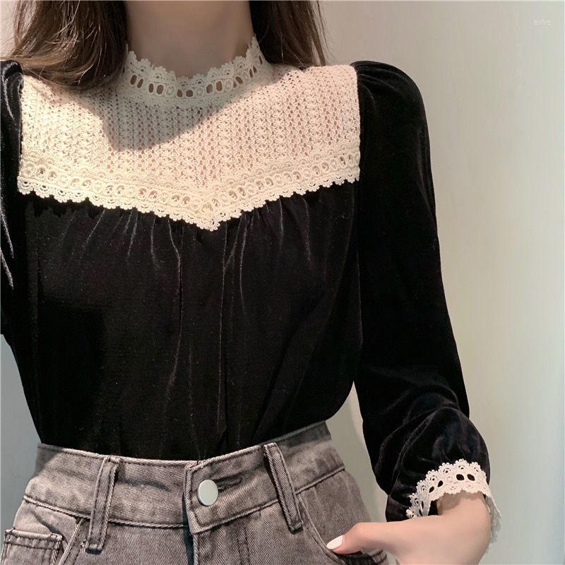 

Women's Blouses Women Shirt Blouse Autumn Winter Women's Lace St Collar Gold Velvet Long Sleeve Top Blusas Ropa De Mujer, Black