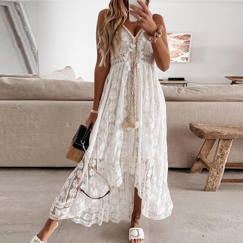 

Casual Dresses Women Elegant Deep V Neck Solid A-Line Party Dress Sleeveless Lace Tassel Sexy Ladies Summer Beach Style Female, White