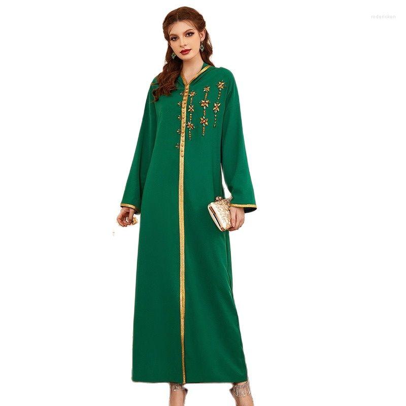 

Ethnic Clothing Dress Green Gold Edge Hood Hand Sewn Elegant Long 2023 Fashion Ramadan Dresses Muslim Eid Mubarak Abaya Satin Kaftan