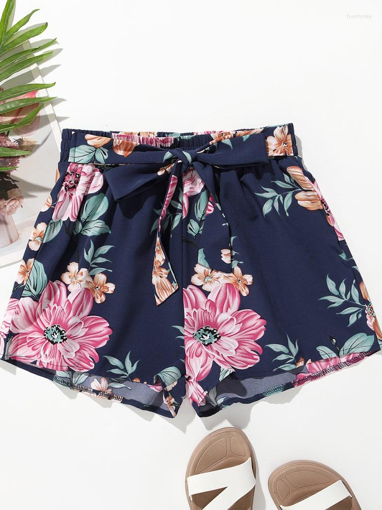 

Women' Shorts Summer Ladies Bohemian Elastic Lace Up Waist Fashion Print Flower Blue Loose Women' Casual Women Clothing