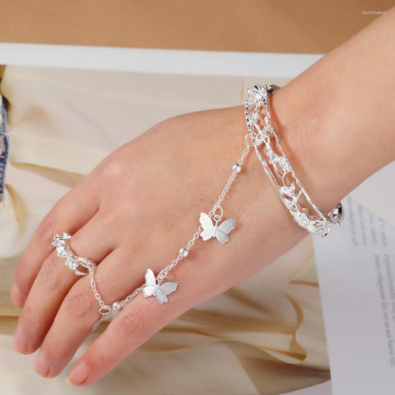

Bangle Aesthetic Vintage Bracelet With Finger Ring Gold Bohemian Ethnic Butterfly Bell Link Wrist Simple Chain Trendy Women's Jewelry
