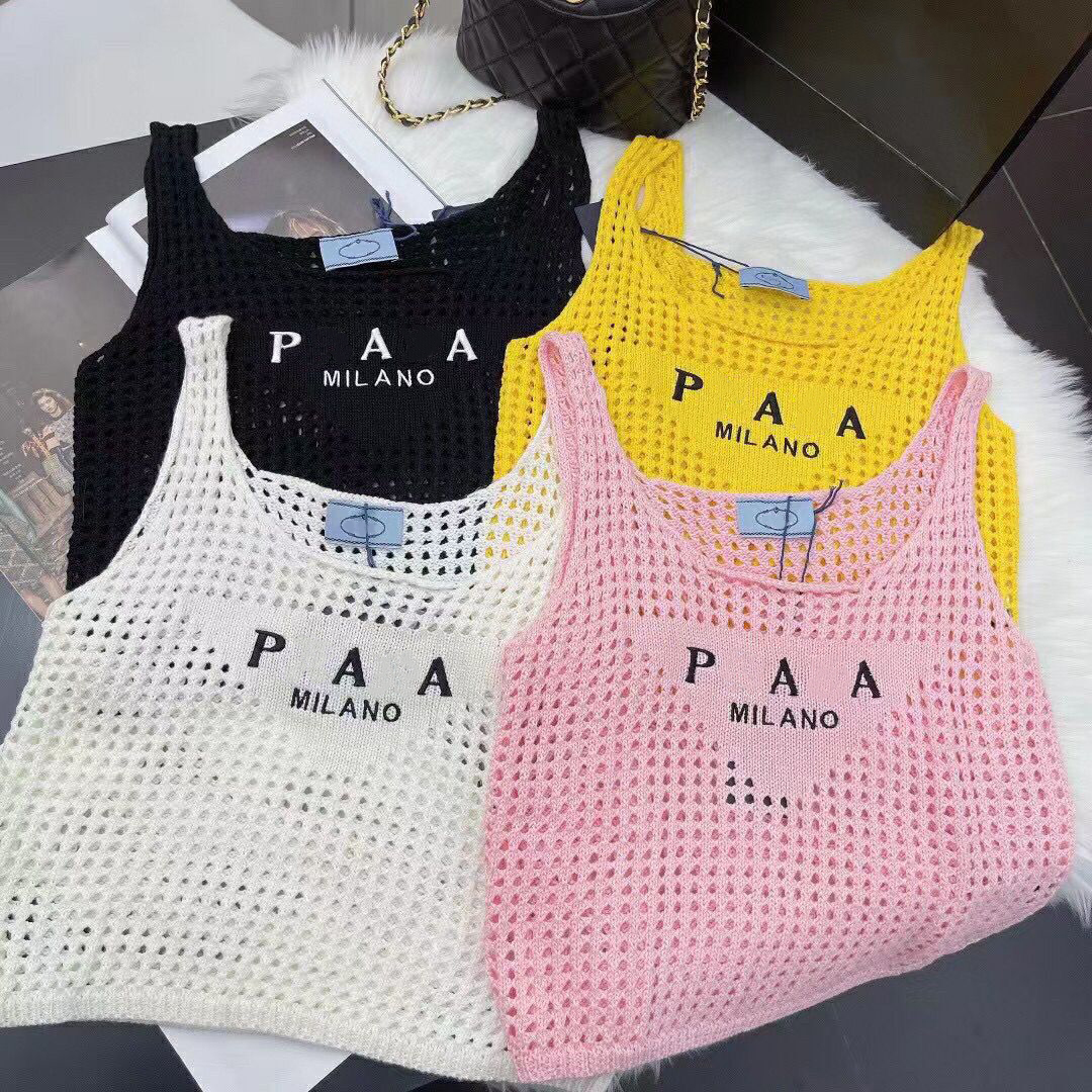 

Prrra Designer Womens Tanks Knits Tees T Shirts Sleeveless Woman Summer translucence Camis Tees Vest Short Shirt Lady Slim Vests sexy Tops, Pink