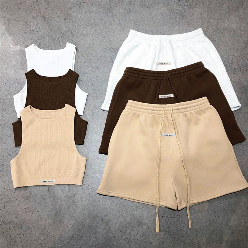 

Women' Two Piece Pants Sporty Solid Letter Two Piece Set Women Ribbed Skinny Tank Tops Loose Casual Bandage Shorts Matching Female Tracksuit 230316, Apricot