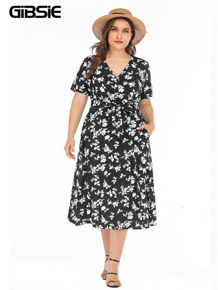 

Casual Dresses GIBSIE Surplice Neck Casual Belted Dress Summer Holiday Boho Print Women Long Dresses 6xl 5xl Plus Size Pocket A-Line Dress 230316, Black