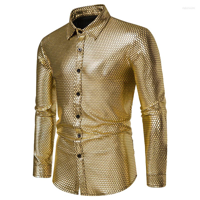 

Men' Casual Shirts 2023 Men' Bronzing Long Sleeve Button Down Lapel Shirt Disco Party Christmas Ball Costume Camisa, A286-silver