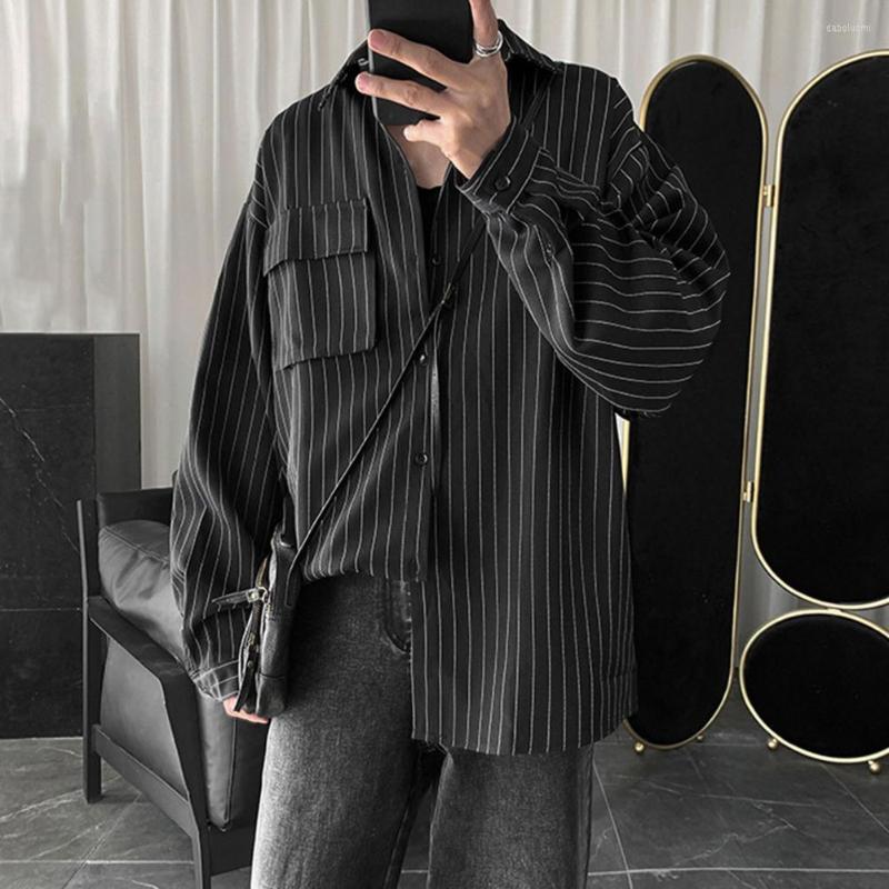

Men's Casual Shirts Autumn Shirt Stripe Print Cardigan Warm Streetwear Men Male Clothes, White