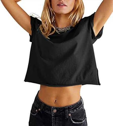 

Women's white t-shirts summer casual loose fit plain soild basic short sleeve crop tops t-shirtsWFXS, Gray