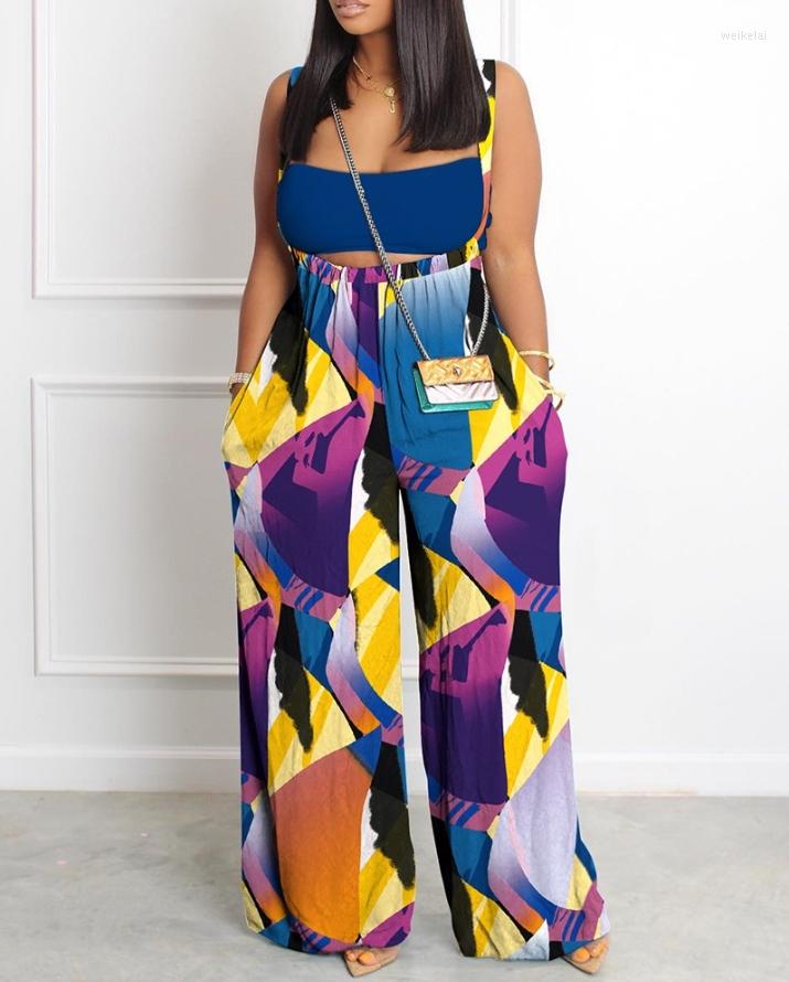 

Women' Two Piece Pants Sets Womens Outifits Graphic Print Wide Leg Pocket Long Suspender Jumpsuit & Sleeveless Crop Tube Top Set 2023