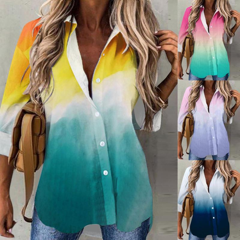 

Women's Blouses Womens Long Sleeve Baseball Women Casual Sleeved Button Shirt Cardigan Color Gradient Oversize Denim For, Blue