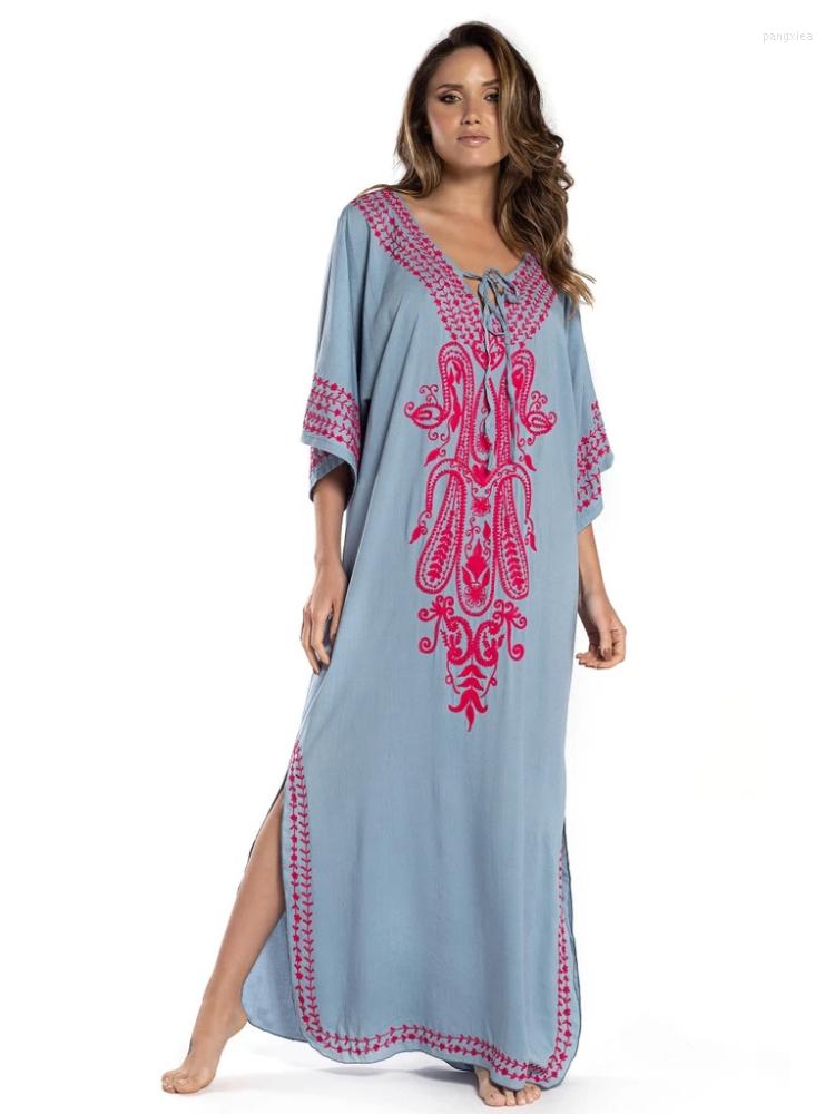 

Women's Swimwear Kaftans For Women Embroidery Maxi Beach Dresses Short Sleeve Summer Swimsuit Cape Bikini Cover Ups Holiday Bathing Suits, Brown kaftan beach