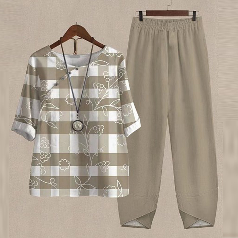 

Womens Two Piece Pants Harajuku Vintage Womens Two Piece Sets Spring Printed Tops Pullover and Solid Pant Suits Summer Casual Loose Street Outfits 230316, 17
