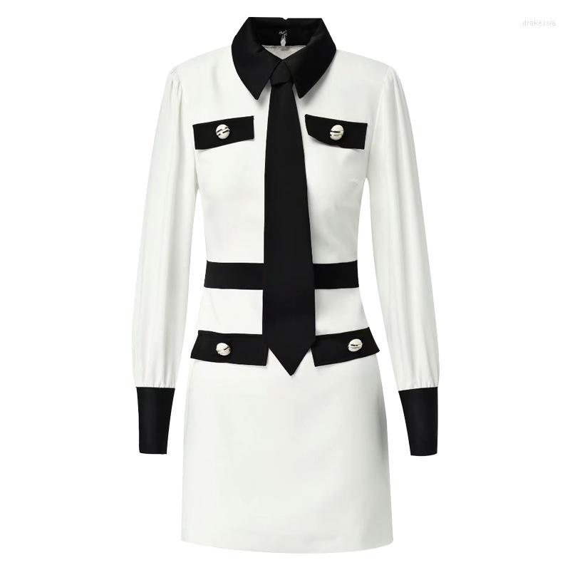

Casual Dresses -XL High Quality Spring 2023 Fashion Solid Color Stitching Pocket Button Decoration Black Tie Long Sleeve Slim Woman Dress, White