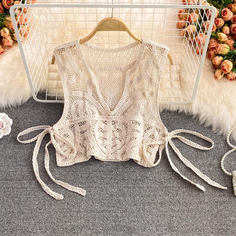 

Women's Tanks Beach Holiday Sexy Tops Soild V-neck Hollow Out Knitted Floral Sleeveless Women, Beige