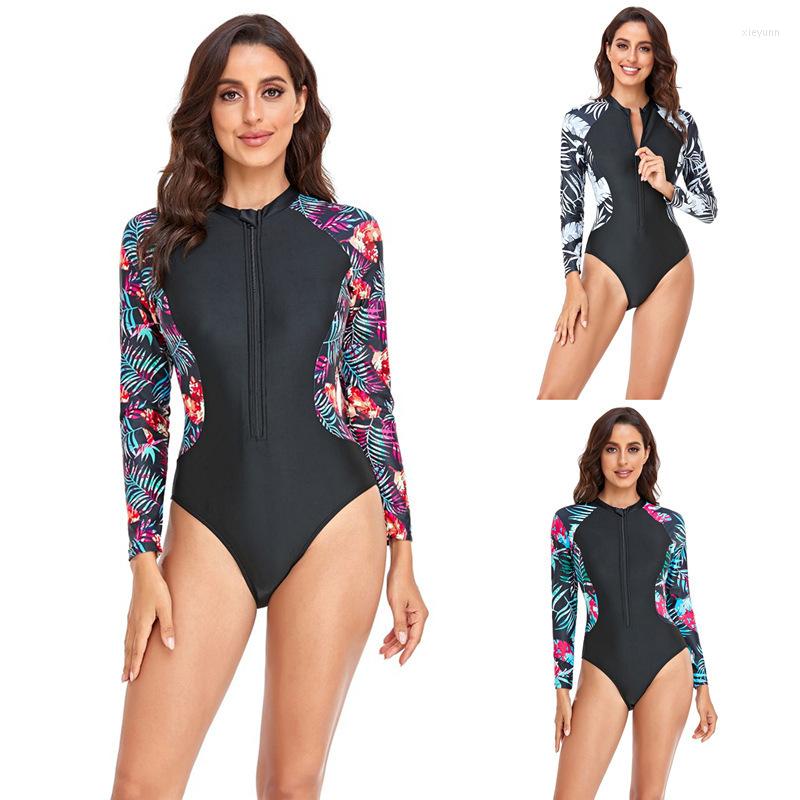 

Women's Swimwear 2023 Women's Sports Swimming One-piece Long Sleeve Printed Conservative Zipper Swimsuit, 003