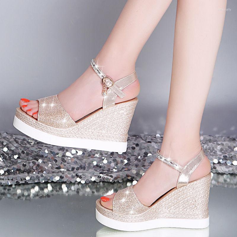 

Dress Shoes 2023 Summer Slope Heel Sandals Women's Fashion Thick Soled Waterproof Platform Open Toe Button High, Gold