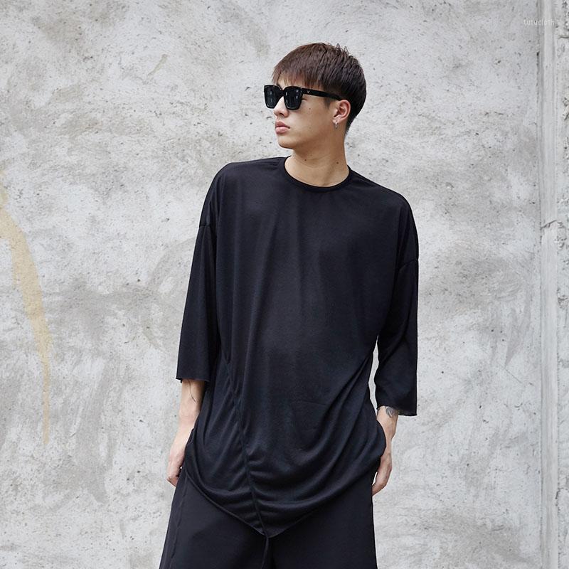 

Men's T Shirts Men Dark Black Pleated Design  Loose Casual Shirt Male Streetwear Hip Hop Punk Gothic Tshirt Tees, Y024