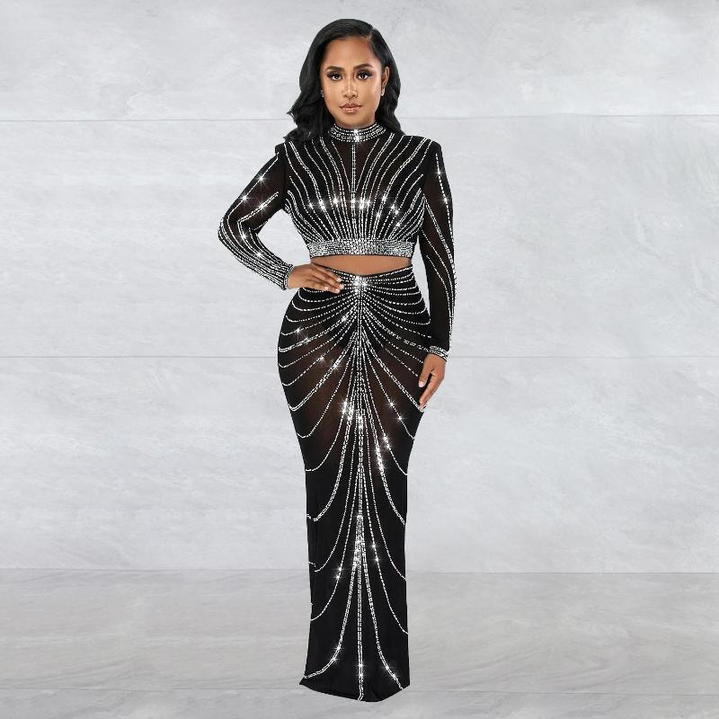 

Work Dresses 2023 Long Sleeve Mesh Maxi Bodycon Elegant Party Sparkly Rhinestone For Birthday Dress Sexy Club Two Piece Sets Womens Outifits, Black
