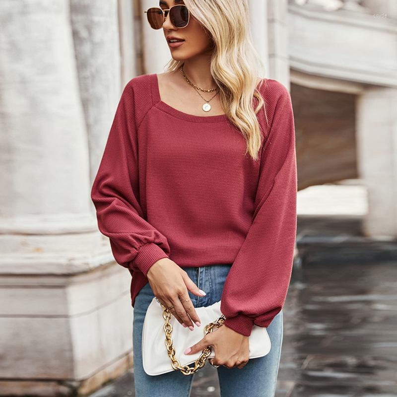 

Women's T Shirts Solid Color T-shirt Square Collar Waffle Long Sleeve Casual Blouse For Women In 2023 Autumn/winter, Black
